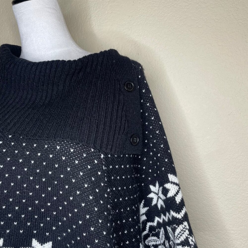 89th & Madison Black Snowflake Knit Poncho Fringe Tassel Cowl Neck Sweater Med - Picture 3 of 11